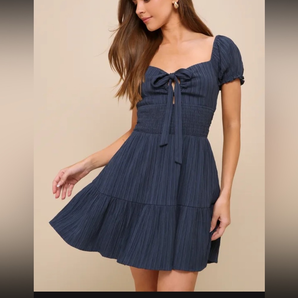Lulus darling cutie Navy blue textured tie front tiered mini dress size XS